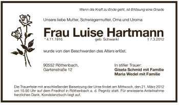 Traueranzeige von Luise Hartmann von Pegnitz-Zeitung
